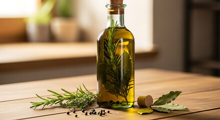 Infused olive oil bottle rests elegantly on a wooden surface alongside fresh sprigs of rosemary thyme bay leaves and scattered peppercorns ready for culinary use
