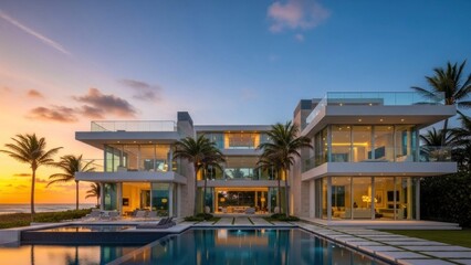 Fototapeta premium A luxurious modern mansion with a pool and palm trees, set against a stunning sunset sky.