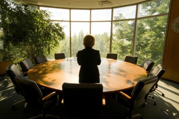 Fototapeta premium Businesswoman standing in conference room looking out the window at the trees outside the office