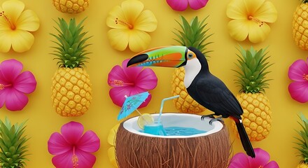 Fototapeta premium Toucan Bird Drinking Cocktail in Coconut with Pineapples and Hibiscus Flowers tropical