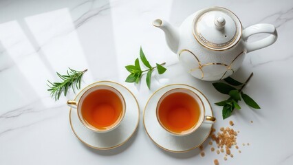 Elegant white teapot, two teacups with amber tea, fresh mint, rosemary, and brown sugar on marble