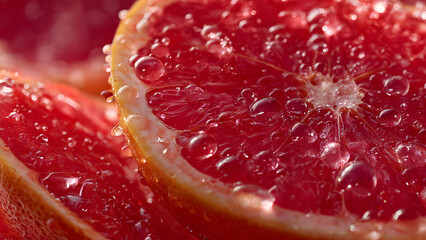 Juicy red grapefruit slices with water droplets on fresh fruit