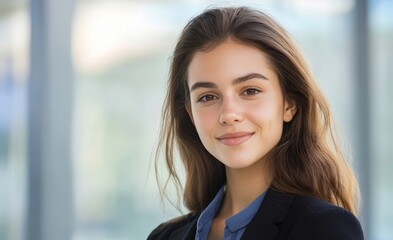 Fototapeta premium Portrait of a young professional woman with a name tag and a friendly smile posing indoors