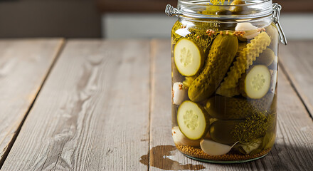 A jar of homemade pickled cucumbers, fresh dill, garlic, and mustard seeds on a rustic wooden table