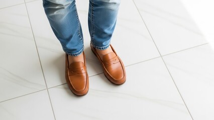 View from above of someone's lower legs in blue jeans and elegant brown leather slip-on shoes on a tiled surface