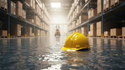 Flooded industrial warehouse with a yellow safety helmet submerged, rows of boxes, and a distant forklift