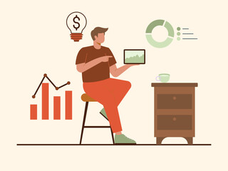 A young man sits in a chair, pointing at a tablet displaying graphs, showing data analysis or a business presentation. Solopreneur illustration. Flat vector concept.