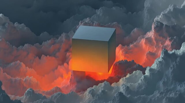Abstract cube floating above clouds in a colorful atmospheric display