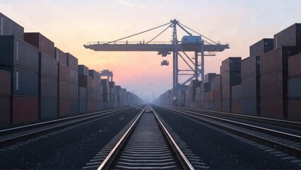 Long train tracks converge between towering shipping container stacks towards a distant port crane at dawn
