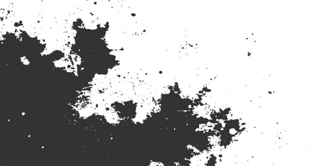 A grunge black ink splat design features a textured paint splatter pattern and dirty spray stains on a paper vector border element