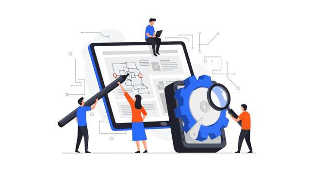 Tiny people developing software and maintaining computer hardware with giant gears and magnifying glass for data management and IT support concept