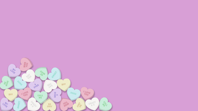 Pastel Candy Hearts Pile Valentine Background with Love Messages on Purple
