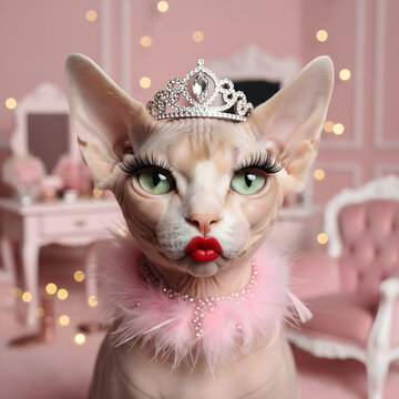 Glamorous Sphynx Cat in Diva Costume with Tiara and Pink Boa