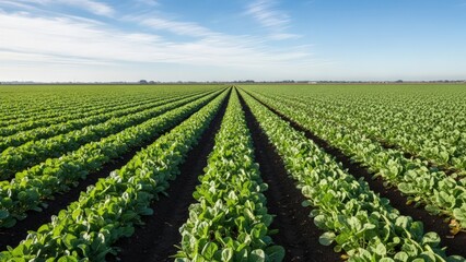 Vast agricultural field with rows of vibrant green plants extending to the distant horizon under a blue sky