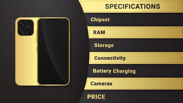 Smartphone mockup in gold color with specifications table
