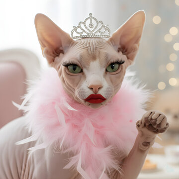 Glamorous Sphynx Cat in Diva Costume with Tiara and Pink Boa