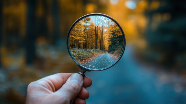 Exploring the unseen A hand holds a magnifying glass bringing a detailed autumn forest path into sharp focus, symbolizing enhanced vision and discovery