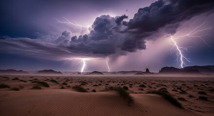 Dramatic desert landscape illuminated by intense multiple lightning strikes during a powerful nocturnal thunderstorm above arid dunes and silhouetted rock formations under vivid purple clouds.