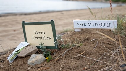 Peaceful Beach Scene with Signage for Terra Crestflow and Seek Mild Quiet at Tranquil Lakeside Location