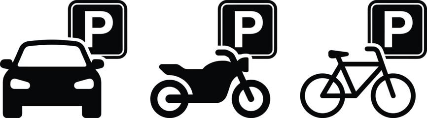 Parking icon set for car motorcycle bicycle, transport vehicle symbols, urban traffic signage, black silhouette vector illustration collection © MstRokeya