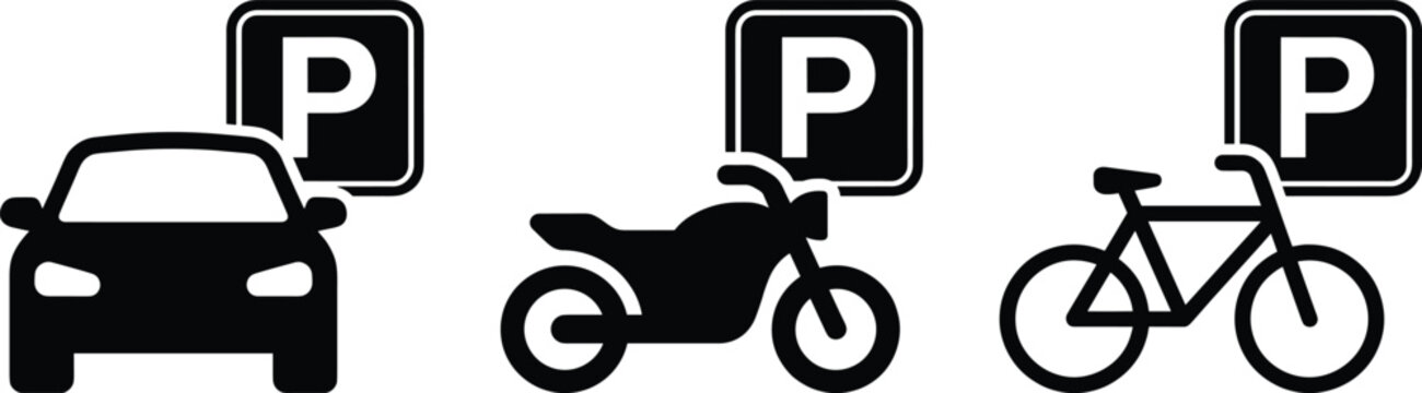 Parking icon set for car motorcycle bicycle, transport vehicle symbols, urban traffic signage, black silhouette vector illustration collection