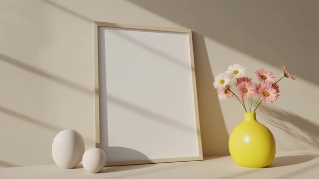 modern arrangement featuring a clean mock-up poster frame, flowers in a bright yellow vas