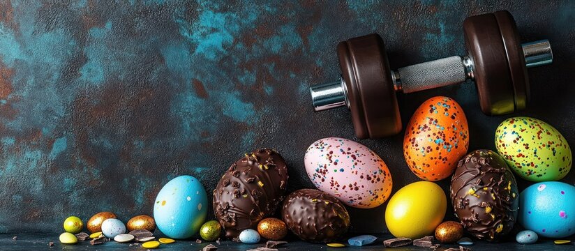 colorful speckled and chocolate easter eggs and candies beside a metal dumbbell on a textured dark background, playful contrast between indulgence and fitness