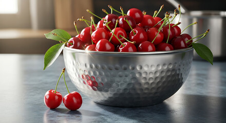 Freshly picked vibrant red cherries in a decorative hammered metal bowl on a kitchen counter