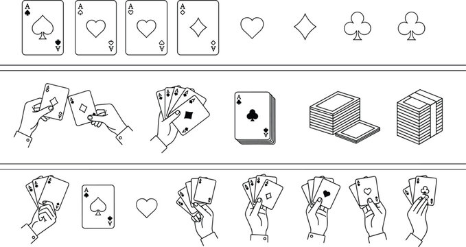 Playing cards and poker hand icons set featuring ace symbols deck stacks casino gambling vector illustration collection design
