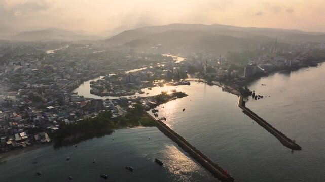 Sunrise in Duong Dong town, Phu Quoc, Vietnam. Aerial view of he central town in south of Phu Quoc Tropical island.