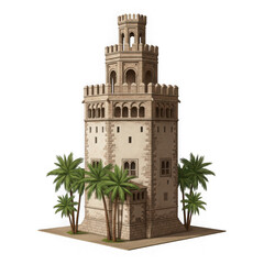 Obraz premium Medieval tower with palm trees, isolated on transparent background