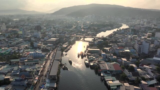 Sunrise in Duong Dong town, Phu Quoc, Vietnam. Aerial view of he central town in south of Phu Quoc Tropical island.