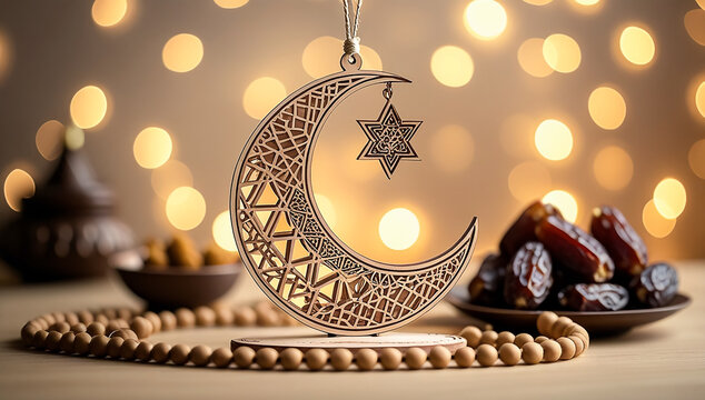 Islamic Crescent Moon and Star Decoration with Dates and Prayer Beads on Warm Golden Background for Ramadan