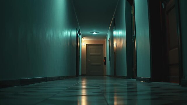 A dimly lit corridor with rows of doors leading to a bright doorway in the distance, viewed from the entrance with a sense of mystery