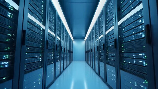 Smooth camera glide through a modern, brightly lit server room with blinking lights.