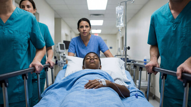 Hospital team transporting pediatric patient on stretcher in emergency care corridor. Medical staff teamwork, pediatric healthcare and hospital support concept