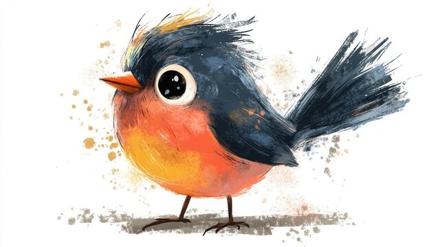 Cute digital illustration of a colorful, fluffy bird with expressive eyes, created in a charming artistic style with playful watercolor splatters