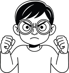 Angry Cartoon Boy with Glasses Frowning.
