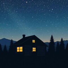 Cozy cabin silhouette against a starry night sky, drawn in a simple, rustic style,  nature,  vintage