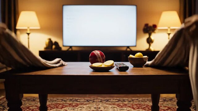 Warm Living Room Scene With A Television Screen Displaying A White Blank Area With Two Hands Reaching For Napkins On A Coffee Table Featuring Sliced Lemons A Remote Control And Decorative Items