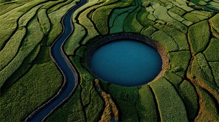 Unique circular blue lake surrounded by vibrant green terraced fields and a winding road from above