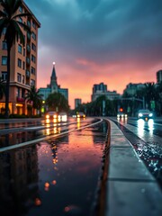 Fototapeta premium Summer city storm in Moscow, tropical deluge with strong, fresh water droplets and road puddles reflecting the sky, Moscow rain, fresh water