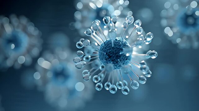 Virus particles suspended in a blue-tinged aqueous environment, captured in a close-up microscopic view from a direct angle.