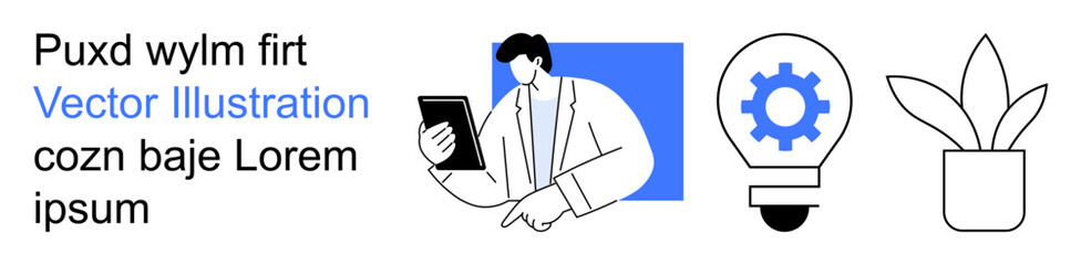 Innovation, business strategy, creative thinking, modern work, professional growth, and tech innovation. Businessman holding a tablet, light bulb with gear and a potted plant. Innovation