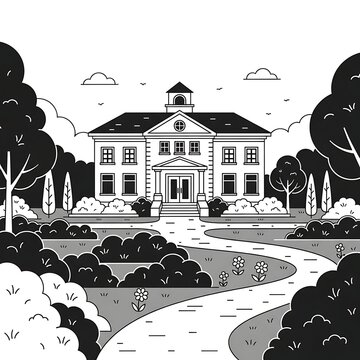 Flat black and white icon of a countryside library exterior surrounded by garden paths