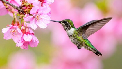 Fototapeta premium Hummingbird feeding on pink blossoms in soft focus