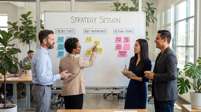 Business strategy session meeting with diverse team planning objectives and key initiatives using sticky notes on whiteboard in modern office