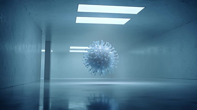 A large virus model suspended in an empty modern laboratory corridor with fluorescent lighting overhead, viewed from a straight-on perspective