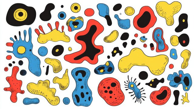 Vibrant collection of retro comic style amoeba illustrations with bold black outlines and flat color fills in primary colors, varying sizes and shapes with classic cartoon wobble effects and