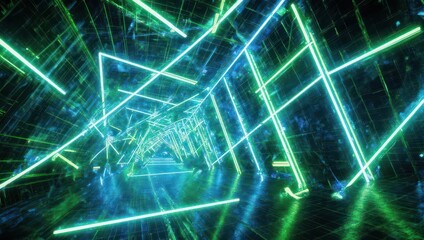 Neon green and blue lines form a futuristic tunnel